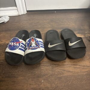 Kids Slide Sandals Bundle Nike Black Slides Size 12C + NASA Slides Size 13